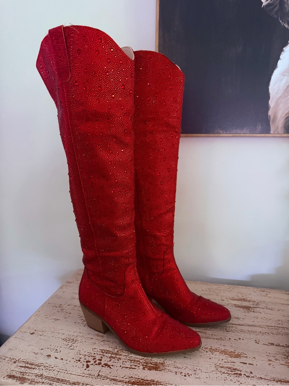 Ronilurn Red Embellished Rhinestone Over the Knee Sparkly Bling Cowgirl Boots